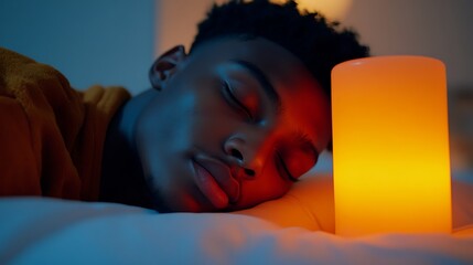 Close-Up Portrait of a Young Man Sleeping Peacefully in Bed at Night with Warm Candlelight