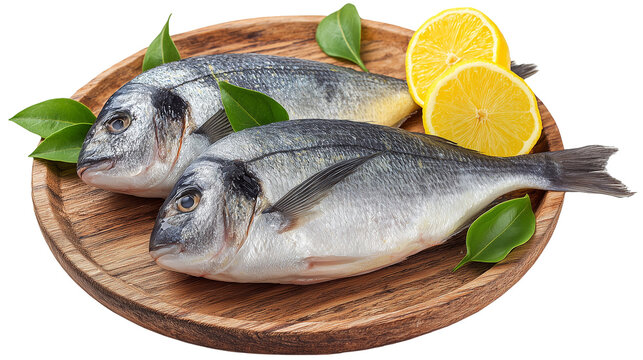 Two fresh fish placed on a wooden plate isolated on transparent background top view