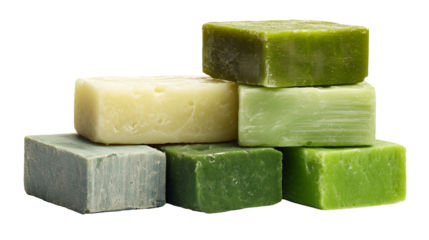 Variety of Natural Green Soap Bars on White Background