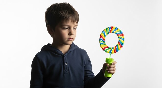 Boy with Colorful Bubble Wand on White Background, Lost in Thought