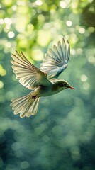Obraz premium Sunlit Sparrow in MidFlight Wing Detail Against Blurred Green Foliage Backdrop