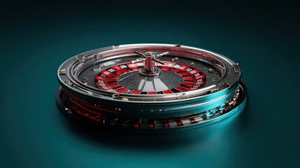 A shiny roulette wheel with red, black, and green colors, set against a dark teal background, reflecting light for a dramatic casino ambiance.
