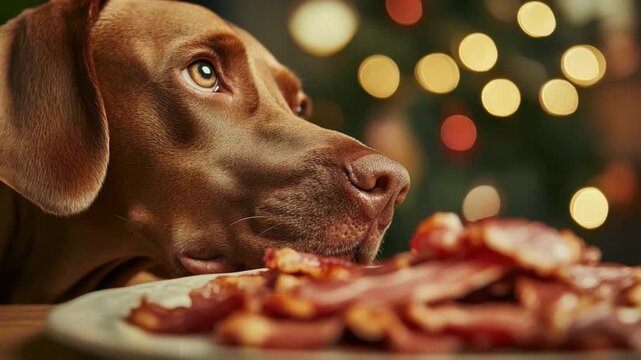Adorable Dog Looking Longingly at Delicious Food During Festive Season with Twinkling Lights in Background 4k video footage