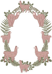 Oval round folk frame for design. Green fern leaves and animals. Soft pink llamas and alpacas illustration