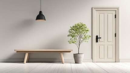 A minimalist interior with a wooden bench, potted plant, closed door, and a hanging black pendant light against a plain light wall.