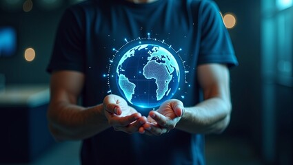 Global responsibility and digital technology innovation concept with glowing holographic earth in human hands in dark background