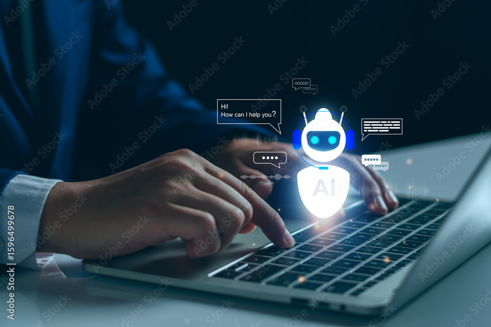 Poster ai agent chatbot tech, voice assistant for customer service, futuristic smart automation, ai-powered