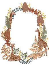 Oval round folk frame for design. Yellow and green fern leaves and animals. Giraffes, monkeys illustration