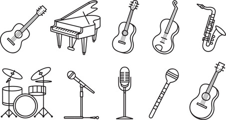 Obraz premium Musical Instruments Icons Set Outline Style Guitar Piano Violin Saxophone Drums Microphone on Transparent Backdrop