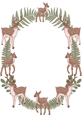 Oval round folk frame for design. Green fern leaves and animals. Spotted deer illustration