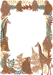 Monkeys and giraffes tropical folk illustration frame. Rectangle square isolated animal border for design. Cartoon nature forest plants background