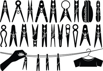 Cad drawing flat vector illustration, clothespin and laundry tools collection, hanging clothes design, washing essentials, black silhouette icons, household clipart