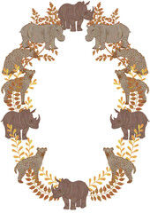 Oval round folk frame for design. Yellow autumn leaves and animals. Rhinoceros, hyenas, hippos illustration