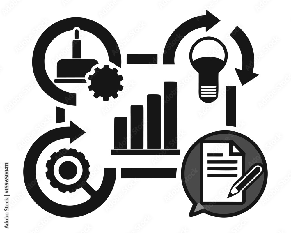 Poster business process automation conceptualized through gears graphs and idea generation.