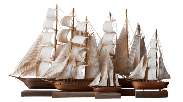 Vintage Sailing Ships Collection with Natural Canvas Sails and Wood in transparent background
