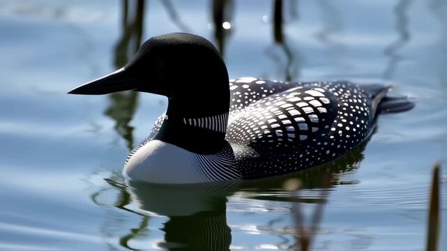 Common Loon Swimming in Calm Blue Water on a Sunny Day, Showcasing Detailed Black and White Plumage