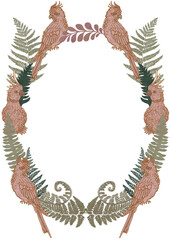 Oval round folk frame for design. Green palm leaves and animals. Tropical parrots illustration
