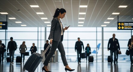 Businesswoman on Phone Pulling Luggage in Airport Terminal with Passengers