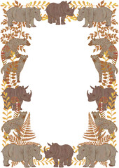 Hippopotamus and rhinoceros with yellow plants illustration frame. Rectangle square isolated animal border for design. Cartoon nature forest plants background