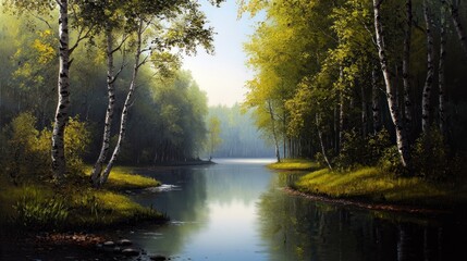 Birch forest river landscape painting