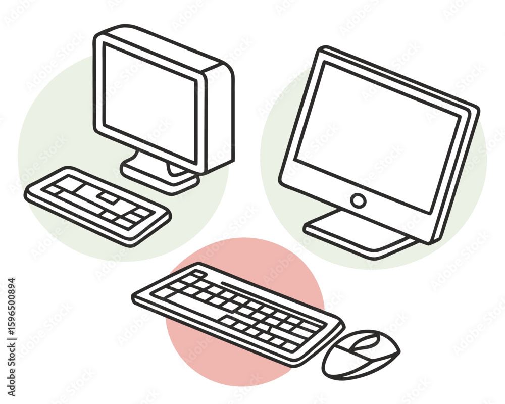Poster isometric illustration of computer peripherals keyboard mouse and monitor design.