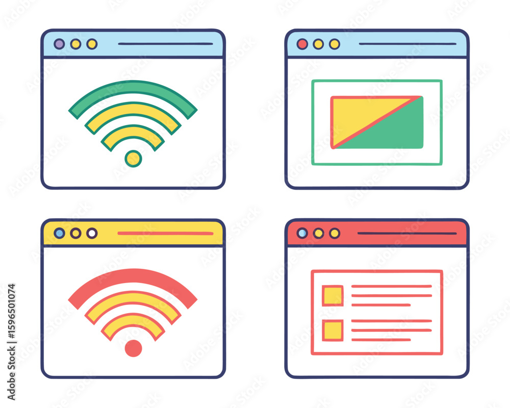 Poster colorful illustrated web browser window icons representing internet connectivity and information dis