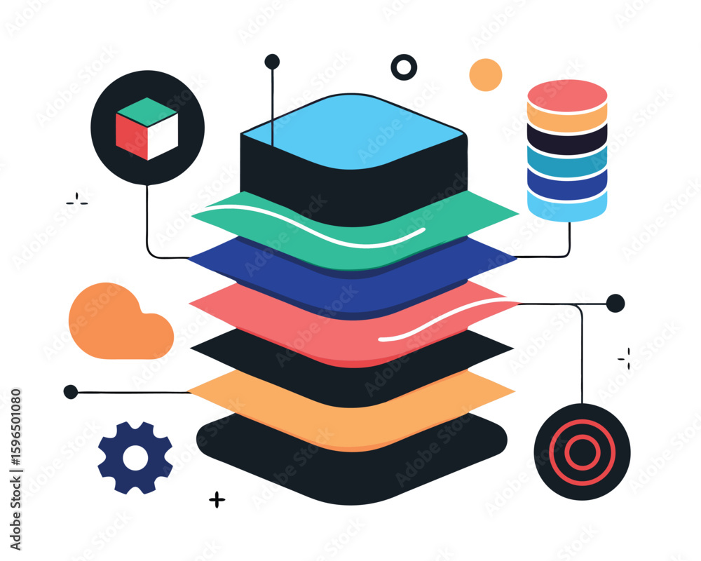 Poster illustration of data layers with connected elements representing digital information.