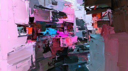 Abstract urban cityscape, vibrant painted blocks, vibrant colors, complex structure