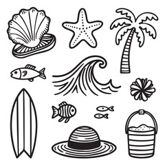 Summer beach doodle set with palm tree, surfboard, and sea life