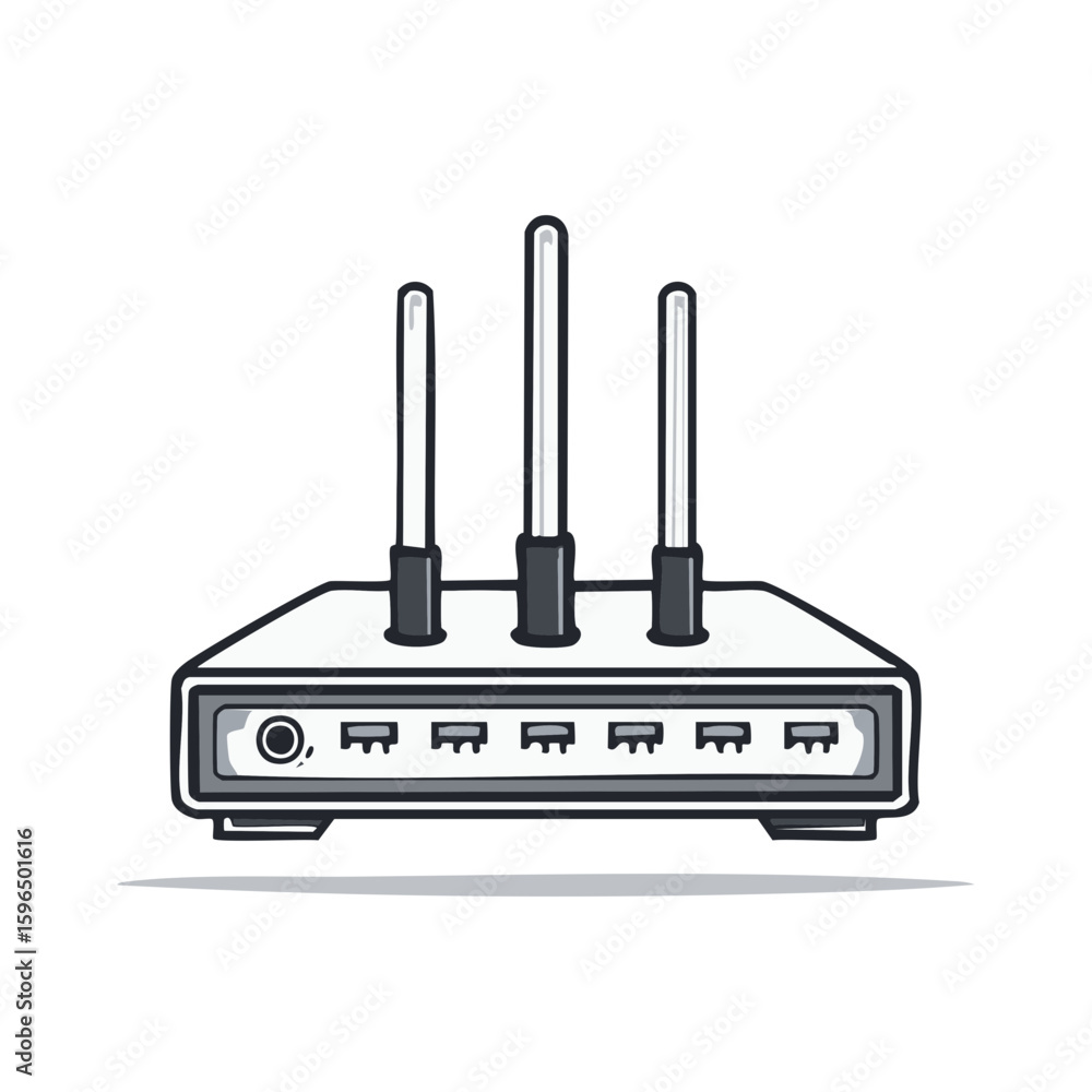 Poster wireless router icon design with three antennas and multiple ports in cartoon illustration style for