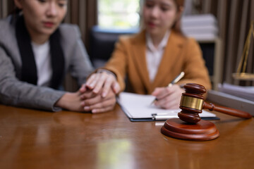 Emotional Mental Support, Lawyer woman with Comfort and Advise Clients, Agreement and Partnership Concept, 