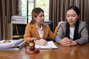 Emotional Mental Support, Lawyer woman with Comfort and Advise Clients, Agreement and Partnership Concept, 