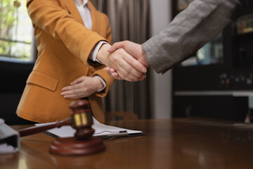 Lawyer Handshake in Business Meeting, Agreement and Partnership, Hammer of Justice,

