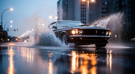 Classic Mustang Splashing Through Puddles at Night, City Lights Reflecting