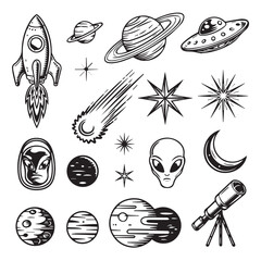 Outer space icons with rocket, planets, stars, aliens, and telescope
