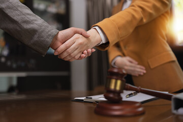 Lawyer Handshake in Business Meeting, Agreement and Partnership, Hammer of Justice,
