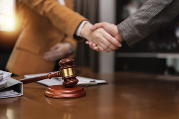 Lawyer Handshake in Business Meeting, Agreement and Partnership, Hammer of Justice,
