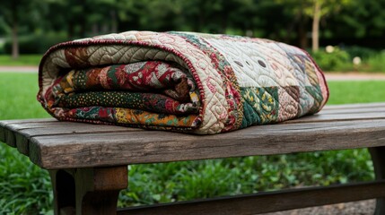 Folded patchwork quilt on park bench, garden background