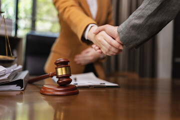 Lawyer Handshake in Business Meeting, Agreement and Partnership, Hammer of Justice,