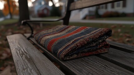 Folded blanket on park bench at autumn