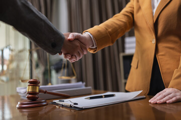 Lawyer Handshake in Business Meeting, Agreement and Partnership, Hammer of Justice,
