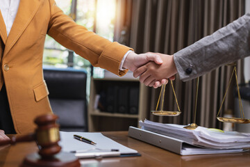 Lawyer Handshake in Business Meeting, Agreement and Partnership, Hammer of Justice,