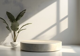 Minimalist Interior with Plant, Podium, and Dramatic Window Ligh
