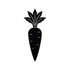 Black silhouette of a carrot with green leaves on a white background