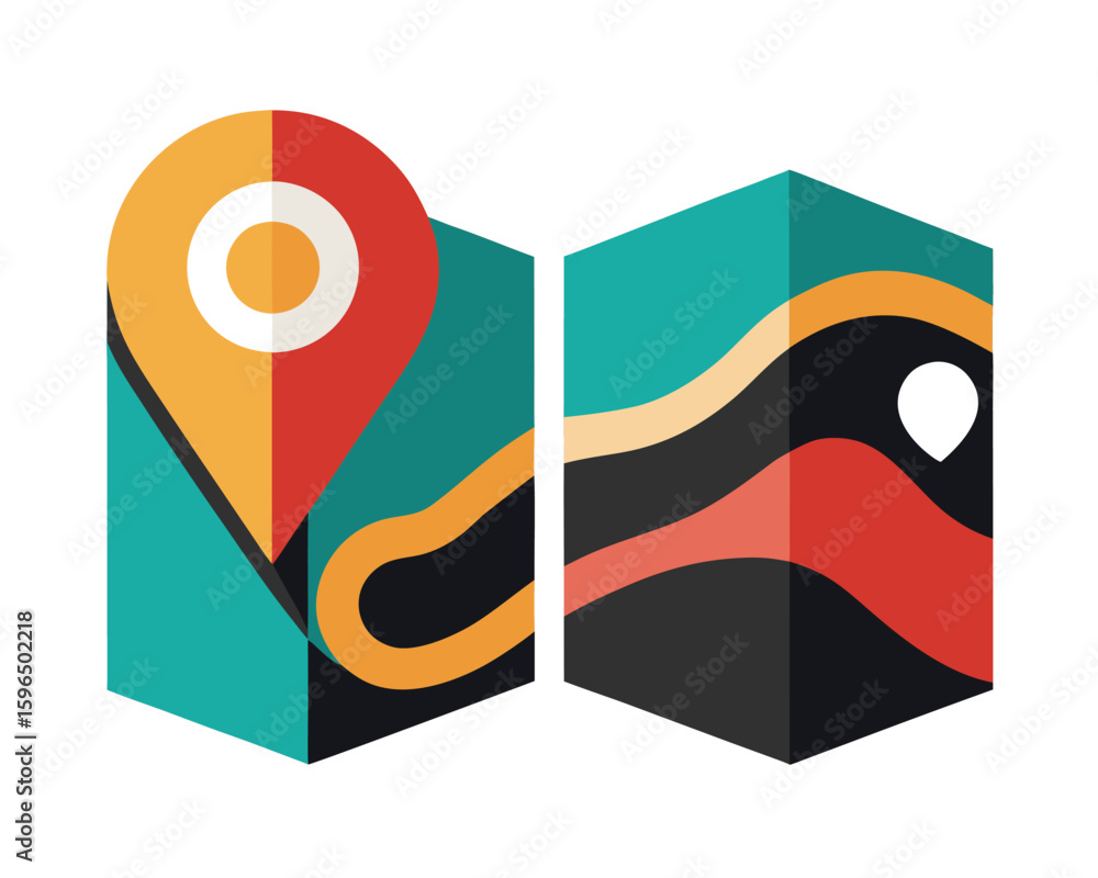 Poster colorful abstract illustration of a map with a location marker representing travel and navigation.