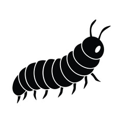 Black silhouette of a segmented caterpillar with antennae and legs on a white background