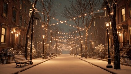 Snowy, charming city street at night, decorated with warm lights