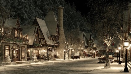 Snowy, charming, European village at night