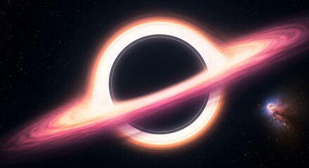 A black hole with a bright accretion disk of gas and dust swirling around it, set against a backdrop of stars and a galaxy.