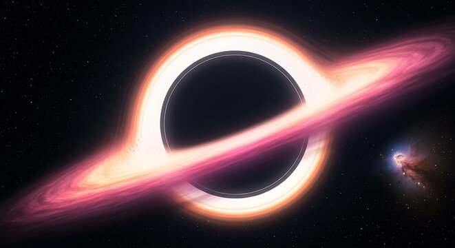 A black hole with a bright accretion disk of gas and dust swirling around it, set against a backdrop of stars and a galaxy.